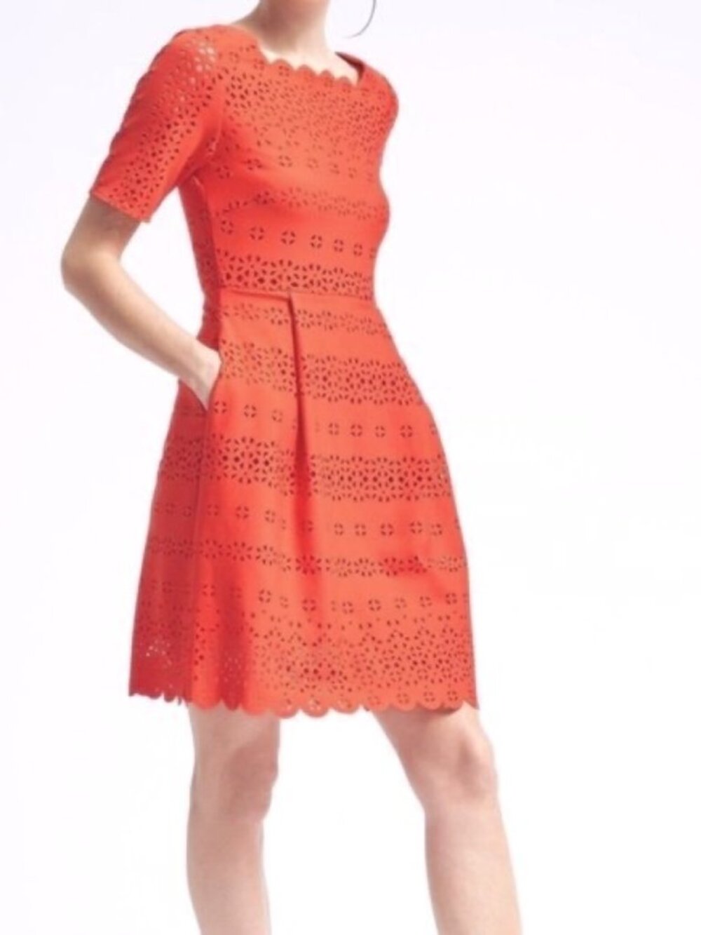 Banana Republic Sheath Dress Scallop Laser Cut Short-sleeve Blurt Orange Size 10